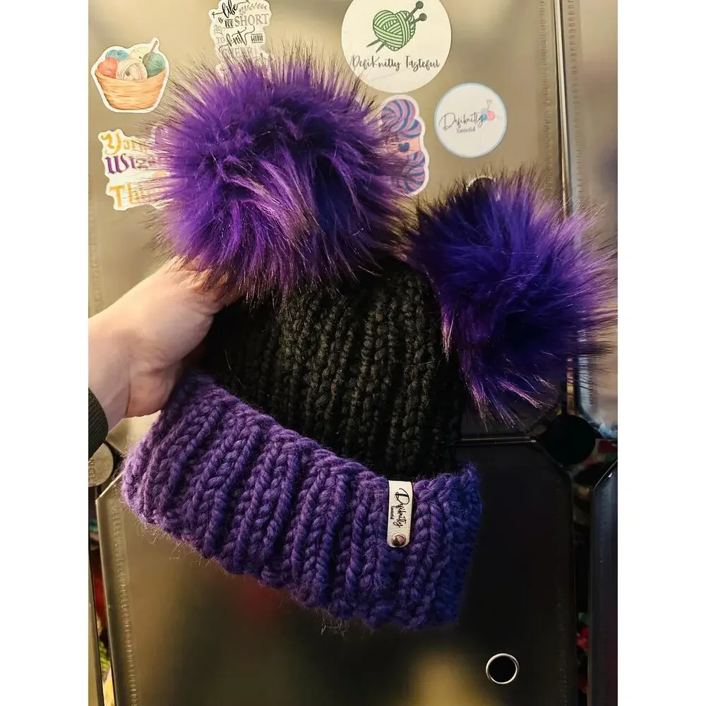 Hand Knit Beanie with Double Faux Fur Poms - Adult Winter Hat
